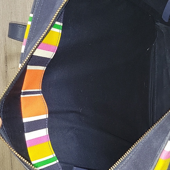 Kate Spaded Striped Navy Blue Canvas Leather Tote Shoulder Bag - Picture 11 of 12